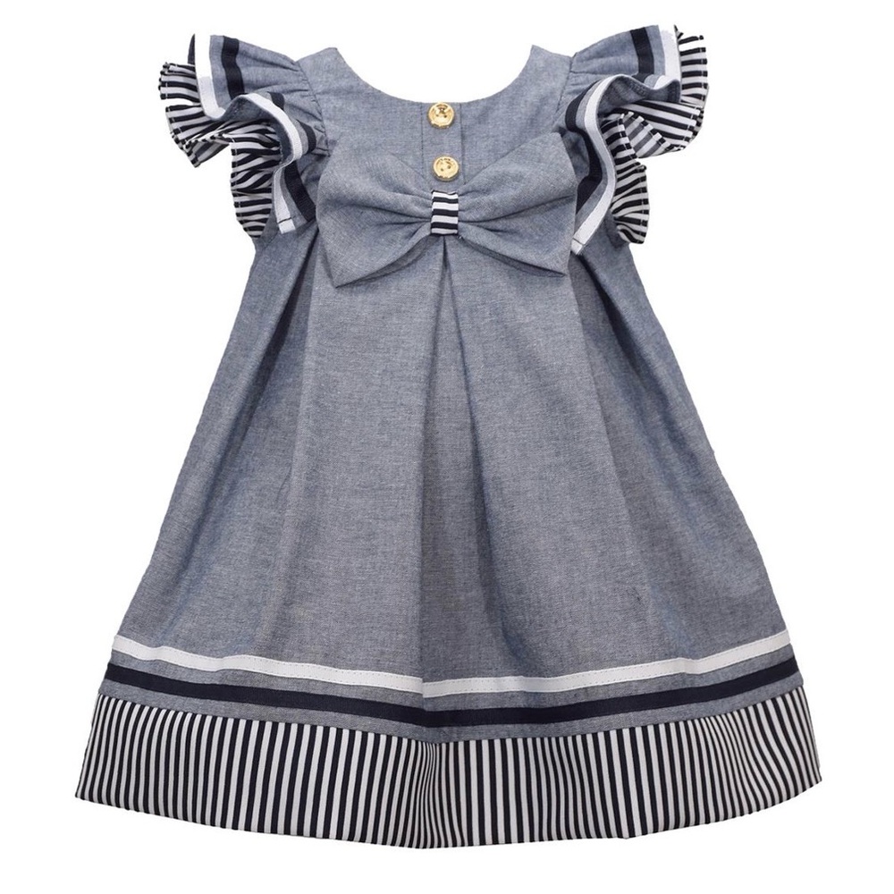 Bonnie Baby Flutter Sleeve Chambray Nautical Dress Blue White Size 18 Months